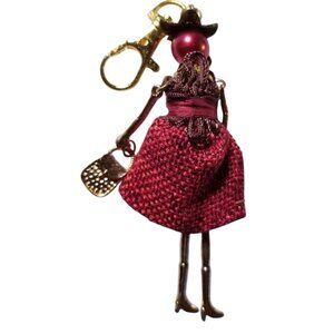 Charm Doll Purse Tassel Key Chain Necklace Pendant Red Pearl Red Brown Dress